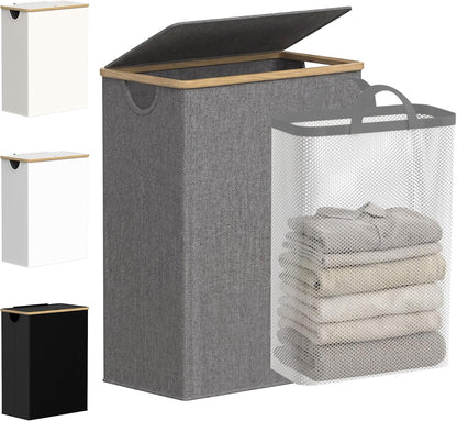 Slim Laundry Basket with Lid, Narrow Laundry Hamper with Removable Bag, Skinny Dirty Clothes Basket with Bamboo Handles for Bathroom, Bedroom & Laundry Room, 90L Beige