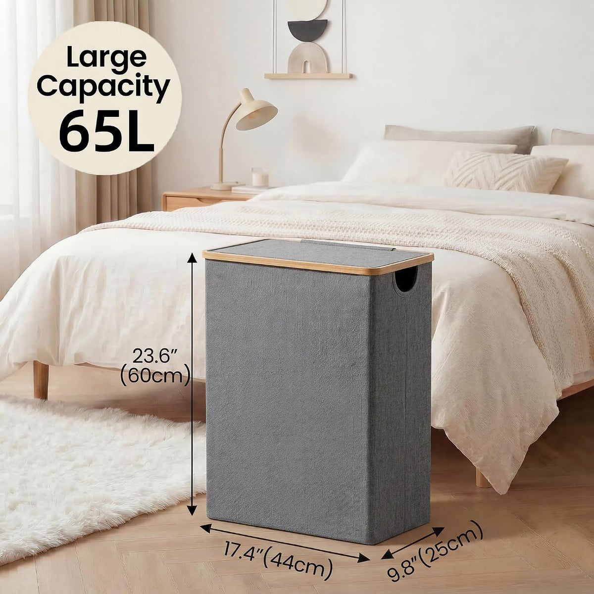 Slim Laundry Basket with Lid, Narrow Laundry Hamper with Removable Bag, Skinny Dirty Clothes Basket with Bamboo Handles for Bathroom, Bedroom & Laundry Room, 90L Beige