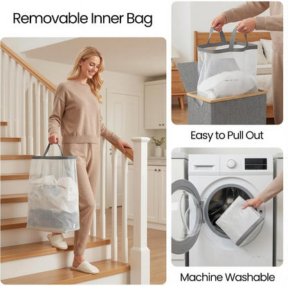 Slim Laundry Basket with Lid, Narrow Laundry Hamper with Removable Bag, Skinny Dirty Clothes Basket with Bamboo Handles for Bathroom, Bedroom & Laundry Room, 90L Beige