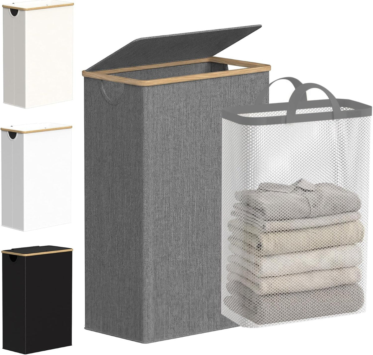 Slim Laundry Basket with Lid, Narrow Laundry Hamper with Removable Bag, Skinny Dirty Clothes Basket with Bamboo Handles for Bathroom, Bedroom & Laundry Room, 90L Beige