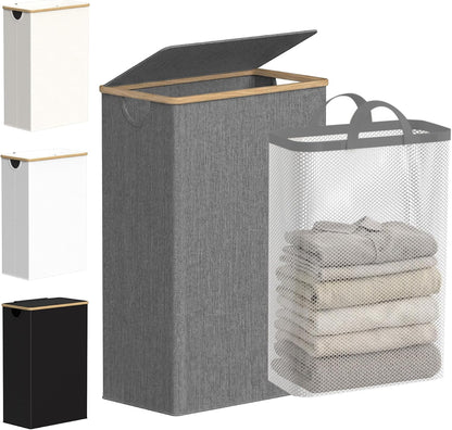 Slim Laundry Basket with Lid, Narrow Laundry Hamper with Removable Bag, Skinny Dirty Clothes Basket with Bamboo Handles for Bathroom, Bedroom & Laundry Room, 90L Beige