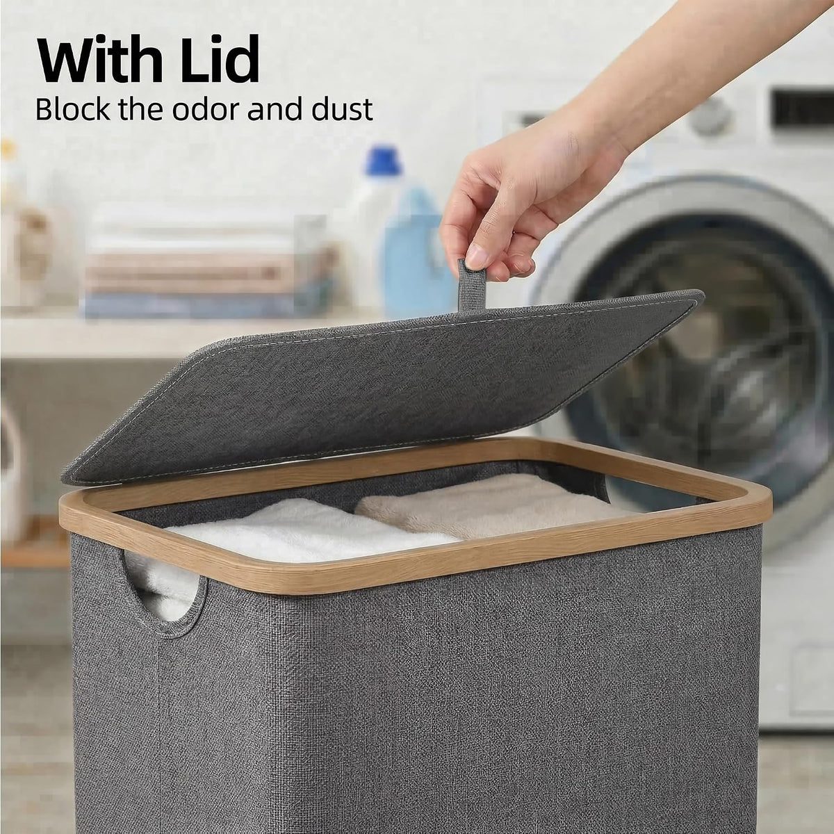 Slim Laundry Basket with Lid, Narrow Laundry Hamper with Removable Bag, Skinny Dirty Clothes Basket with Bamboo Handles for Bathroom, Bedroom & Laundry Room, 90L Beige