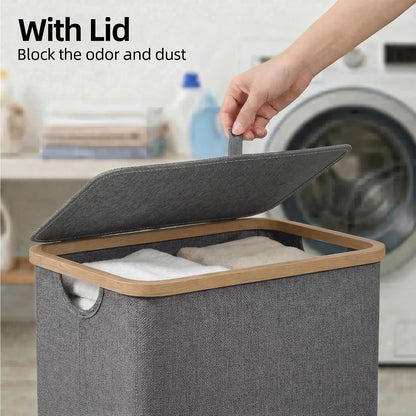Slim Laundry Basket with Lid, Narrow Laundry Hamper with Removable Bag, Skinny Dirty Clothes Basket with Bamboo Handles for Bathroom, Bedroom & Laundry Room, 90L Beige