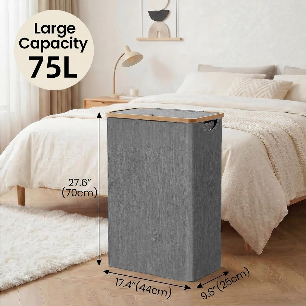 Slim Laundry Basket with Lid, Narrow Laundry Hamper with Removable Bag, Skinny Dirty Clothes Basket with Bamboo Handles for Bathroom, Bedroom & Laundry Room, 90L Beige
