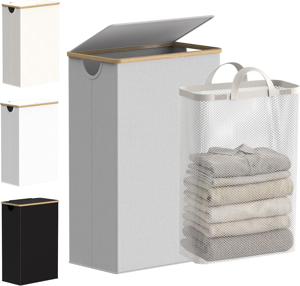 Slim Laundry Basket with Lid, Narrow Laundry Hamper with Removable Bag, Skinny Dirty Clothes Basket with Bamboo Handles for Bathroom, Bedroom & Laundry Room, 90L Beige