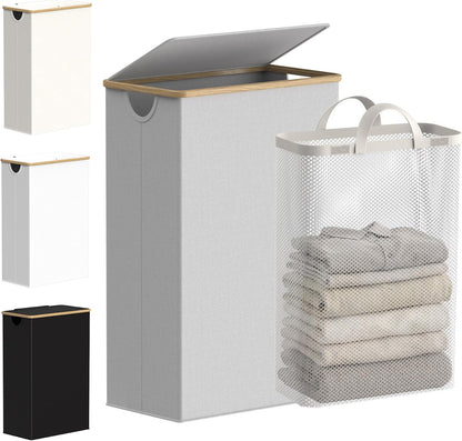 Slim Laundry Basket with Lid, Narrow Laundry Hamper with Removable Bag, Skinny Dirty Clothes Basket with Bamboo Handles for Bathroom, Bedroom & Laundry Room, 90L Beige