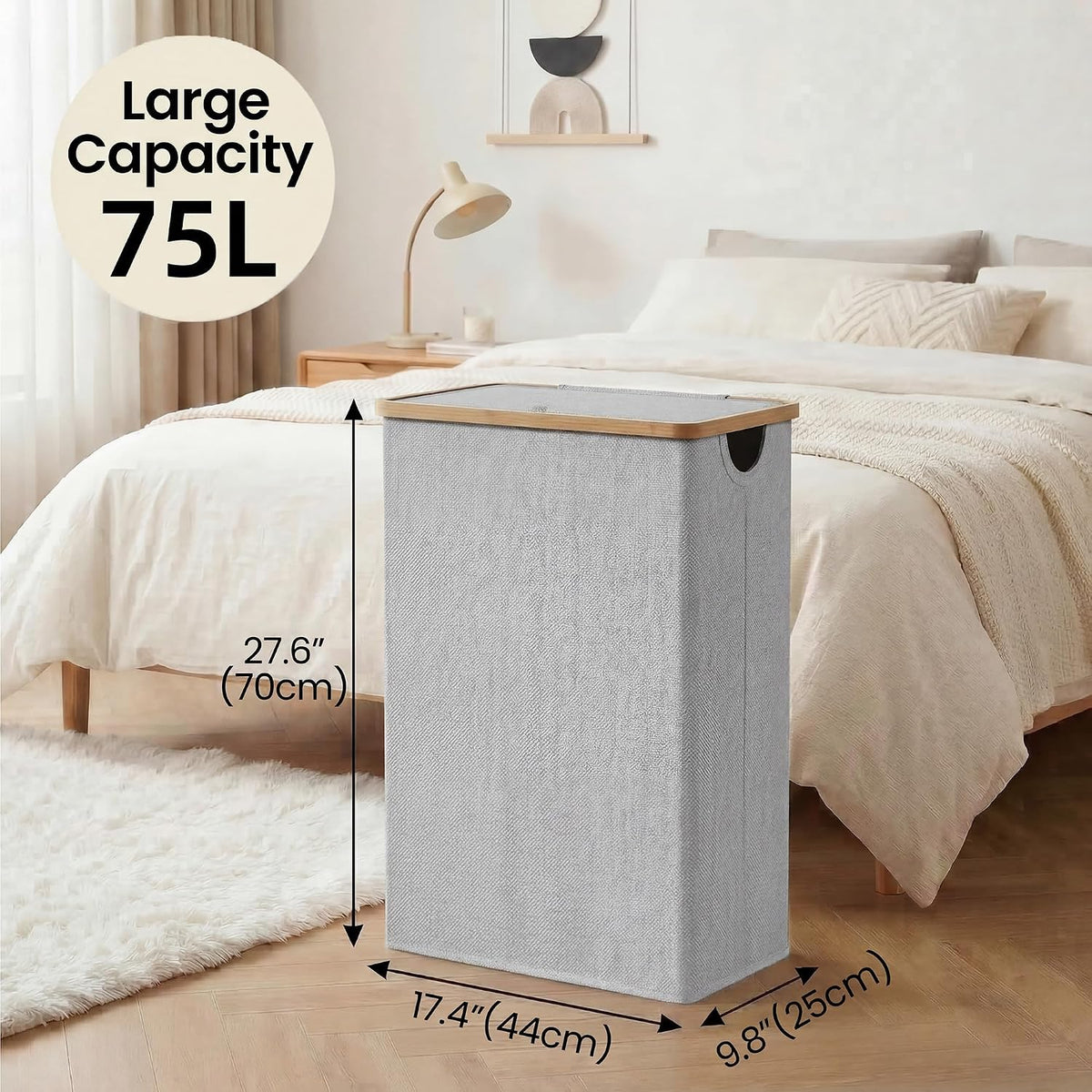 Slim Laundry Basket with Lid, Narrow Laundry Hamper with Removable Bag, Skinny Dirty Clothes Basket with Bamboo Handles for Bathroom, Bedroom & Laundry Room, 90L Beige