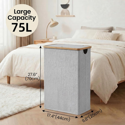 Slim Laundry Basket with Lid, Narrow Laundry Hamper with Removable Bag, Skinny Dirty Clothes Basket with Bamboo Handles for Bathroom, Bedroom & Laundry Room, 90L Beige