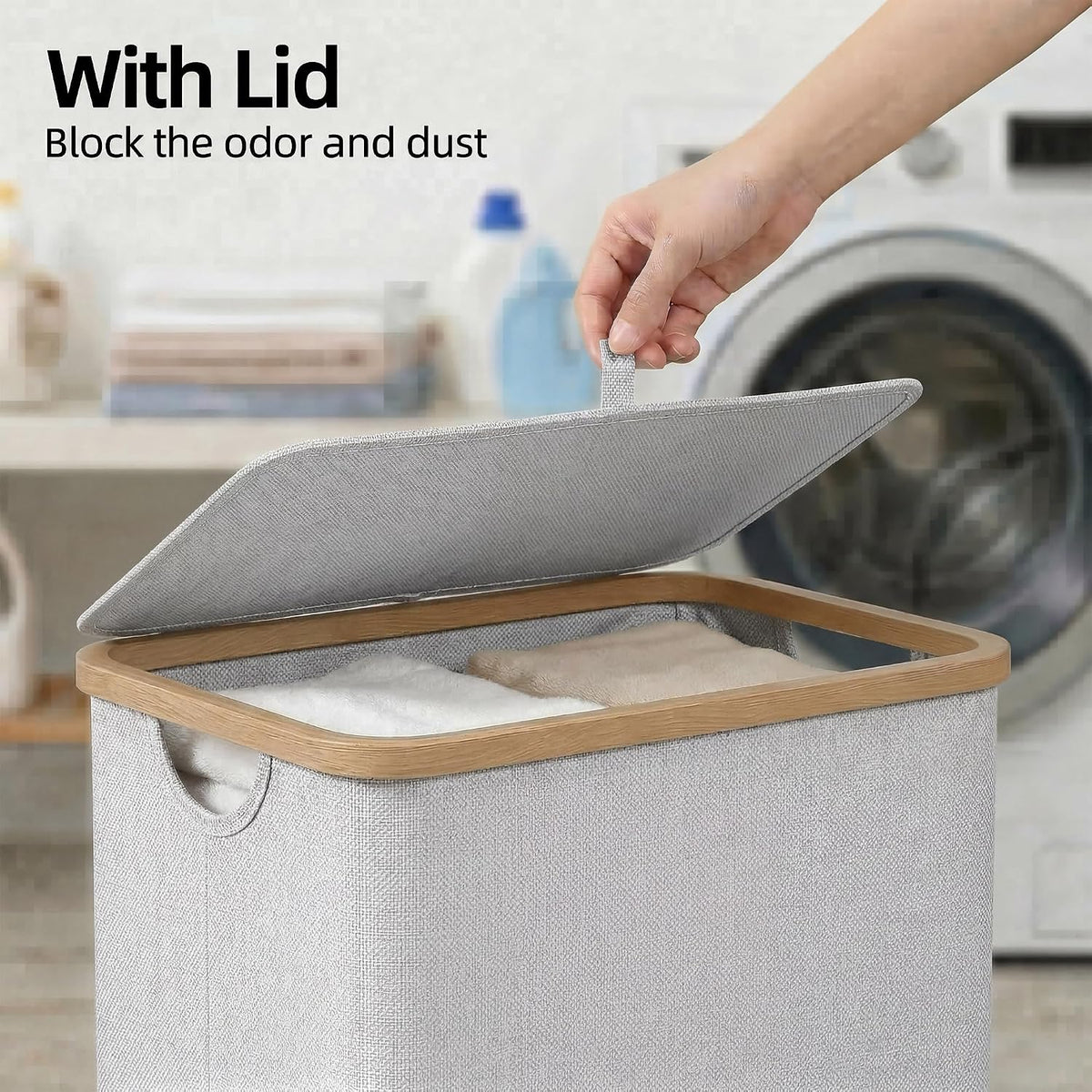 Slim Laundry Basket with Lid, Narrow Laundry Hamper with Removable Bag, Skinny Dirty Clothes Basket with Bamboo Handles for Bathroom, Bedroom & Laundry Room, 90L Beige