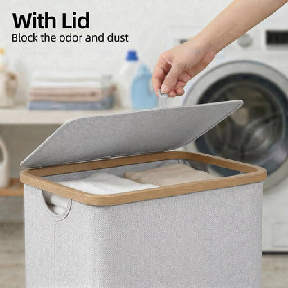 Slim Laundry Basket with Lid, Narrow Laundry Hamper with Removable Bag, Skinny Dirty Clothes Basket with Bamboo Handles for Bathroom, Bedroom & Laundry Room, 90L Beige