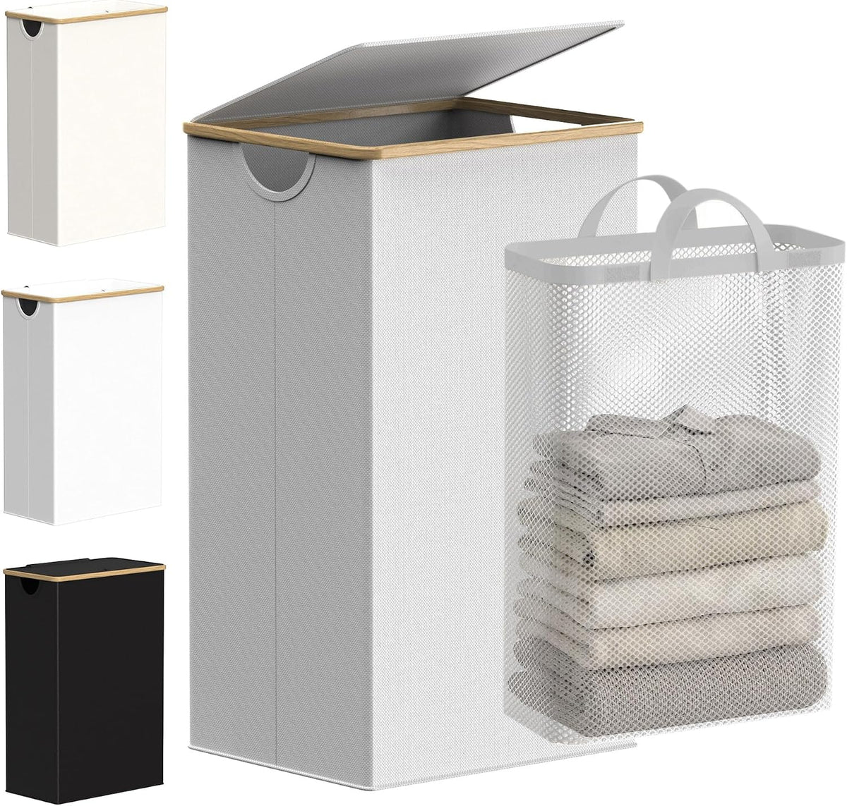 Slim Laundry Basket with Lid, Narrow Laundry Hamper with Removable Bag, Skinny Dirty Clothes Basket with Bamboo Handles for Bathroom, Bedroom & Laundry Room, 90L Beige
