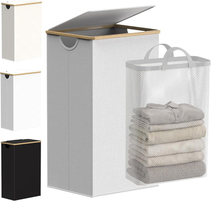 Slim Laundry Basket with Lid, Narrow Laundry Hamper with Removable Bag, Skinny Dirty Clothes Basket with Bamboo Handles for Bathroom, Bedroom & Laundry Room, 90L Beige