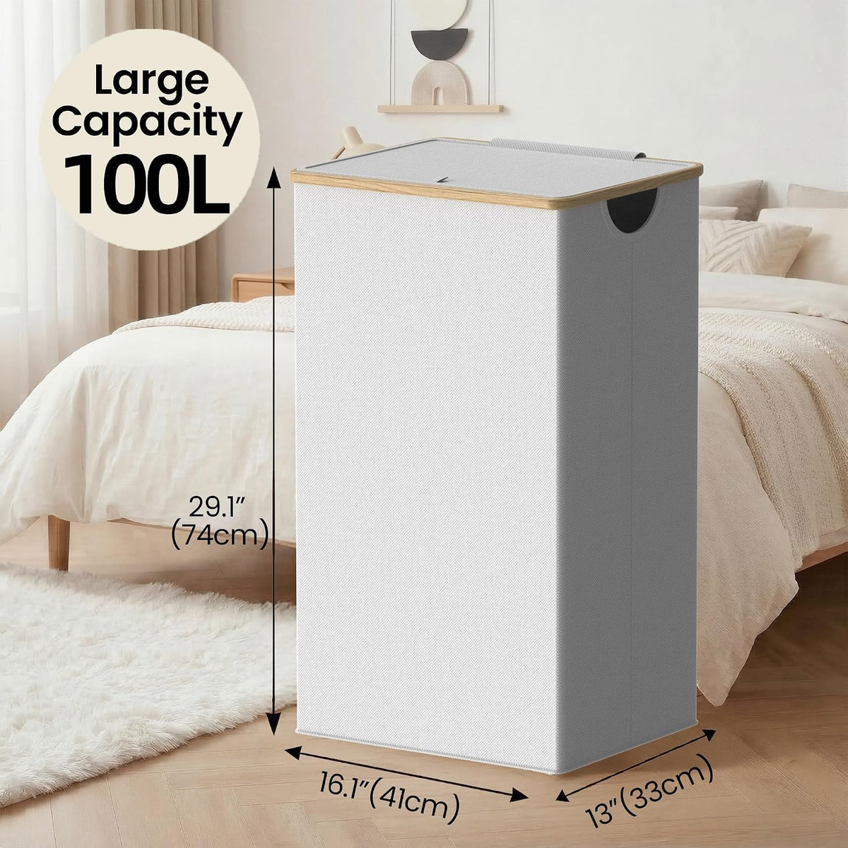 Slim Laundry Basket with Lid, Narrow Laundry Hamper with Removable Bag, Skinny Dirty Clothes Basket with Bamboo Handles for Bathroom, Bedroom & Laundry Room, 90L Beige