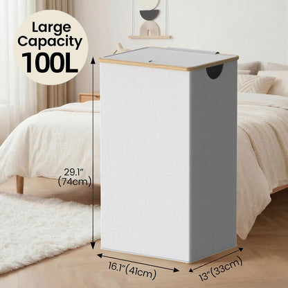Slim Laundry Basket with Lid, Narrow Laundry Hamper with Removable Bag, Skinny Dirty Clothes Basket with Bamboo Handles for Bathroom, Bedroom & Laundry Room, 90L Beige