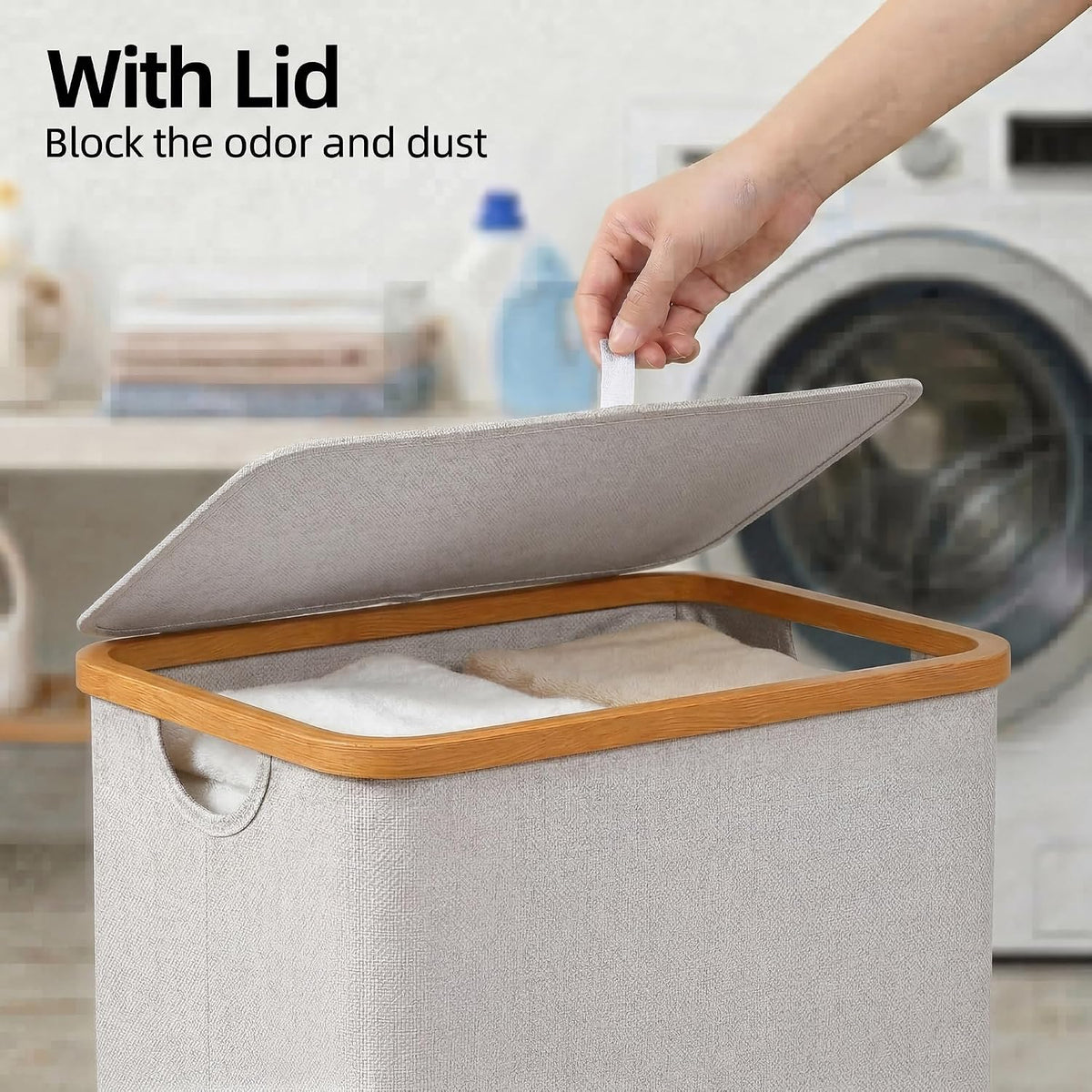 Slim Laundry Basket with Lid, Narrow Laundry Hamper with Removable Bag, Skinny Dirty Clothes Basket with Bamboo Handles for Bathroom, Bedroom & Laundry Room, 90L Beige