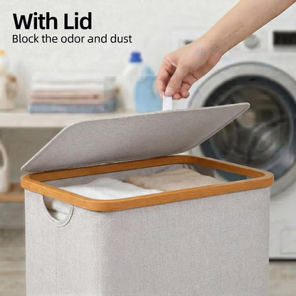 Slim Laundry Basket with Lid, Narrow Laundry Hamper with Removable Bag, Skinny Dirty Clothes Basket with Bamboo Handles for Bathroom, Bedroom & Laundry Room, 90L Beige