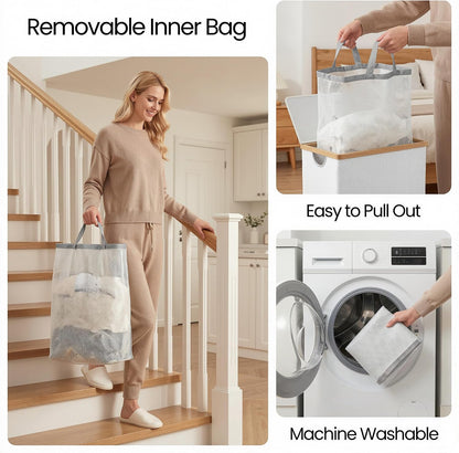 Slim Laundry Basket with Lid, Narrow Laundry Hamper with Removable Bag, Skinny Dirty Clothes Basket with Bamboo Handles for Bathroom, Bedroom & Laundry Room, 90L Beige