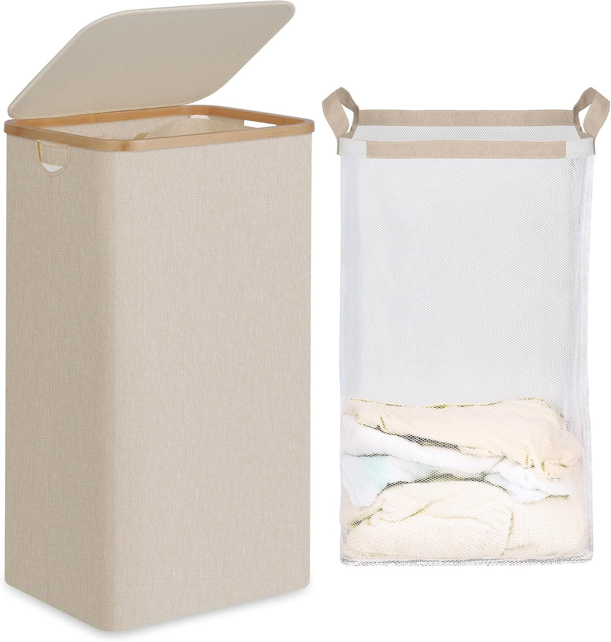 Slim Laundry Basket with Lid, Narrow Laundry Hamper with Removable Bag, Skinny Dirty Clothes Basket with Bamboo Handles for Bathroom, Bedroom & Laundry Room, 90L Beige
