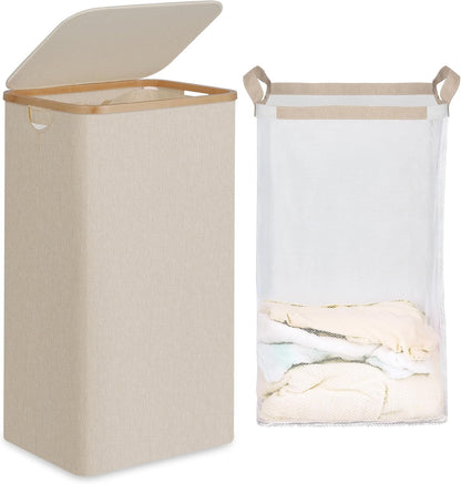 Slim Laundry Basket with Lid, Narrow Laundry Hamper with Removable Bag, Skinny Dirty Clothes Basket with Bamboo Handles for Bathroom, Bedroom & Laundry Room, 90L Beige