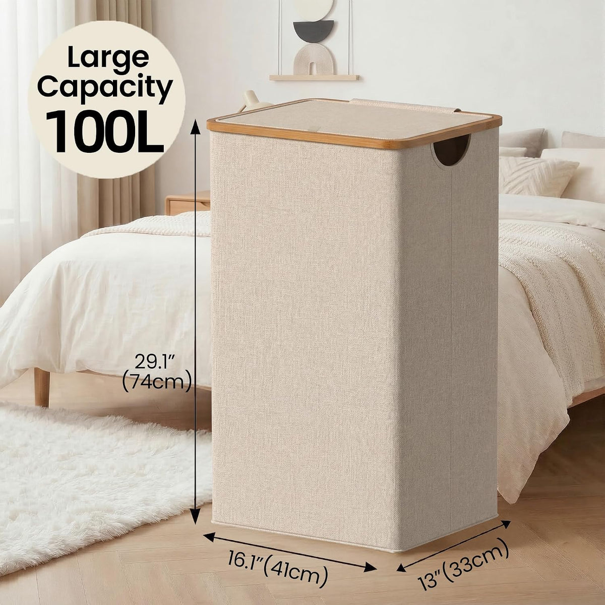 Slim Laundry Basket with Lid, Narrow Laundry Hamper with Removable Bag, Skinny Dirty Clothes Basket with Bamboo Handles for Bathroom, Bedroom & Laundry Room, 90L Beige