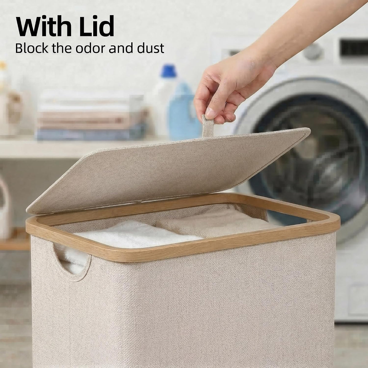 Slim Laundry Basket with Lid, Narrow Laundry Hamper with Removable Bag, Skinny Dirty Clothes Basket with Bamboo Handles for Bathroom, Bedroom & Laundry Room, 90L Beige