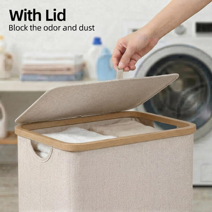 Slim Laundry Basket with Lid, Narrow Laundry Hamper with Removable Bag, Skinny Dirty Clothes Basket with Bamboo Handles for Bathroom, Bedroom & Laundry Room, 90L Beige