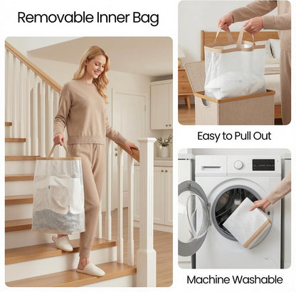 Slim Laundry Basket with Lid, Narrow Laundry Hamper with Removable Bag, Skinny Dirty Clothes Basket with Bamboo Handles for Bathroom, Bedroom & Laundry Room, 90L Beige