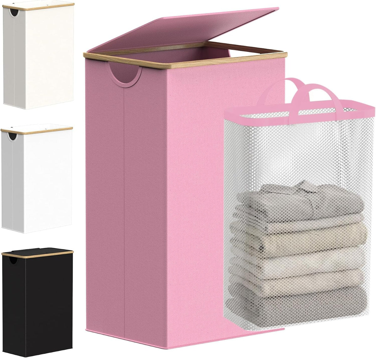 Slim Laundry Basket with Lid, Narrow Laundry Hamper with Removable Bag, Skinny Dirty Clothes Basket with Bamboo Handles for Bathroom, Bedroom & Laundry Room, 90L Beige