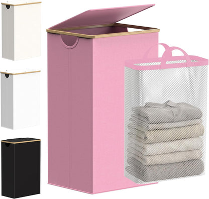 Slim Laundry Basket with Lid, Narrow Laundry Hamper with Removable Bag, Skinny Dirty Clothes Basket with Bamboo Handles for Bathroom, Bedroom & Laundry Room, 90L Beige