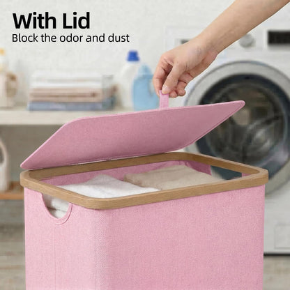Slim Laundry Basket with Lid, Narrow Laundry Hamper with Removable Bag, Skinny Dirty Clothes Basket with Bamboo Handles for Bathroom, Bedroom & Laundry Room, 90L Beige