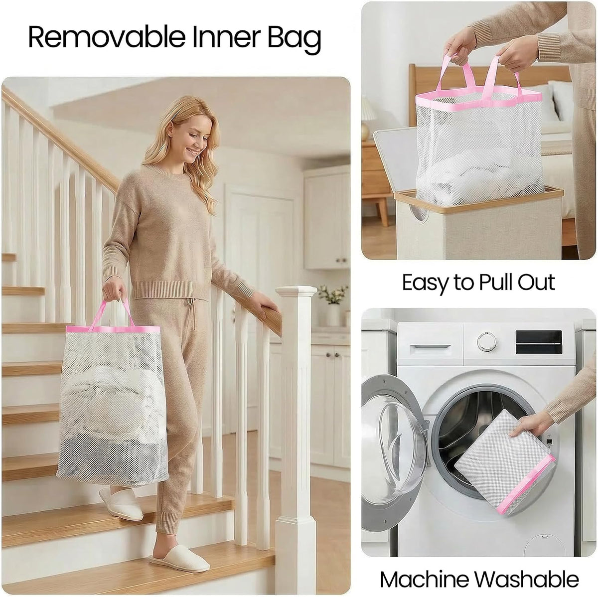 Slim Laundry Basket with Lid, Narrow Laundry Hamper with Removable Bag, Skinny Dirty Clothes Basket with Bamboo Handles for Bathroom, Bedroom & Laundry Room, 90L Beige
