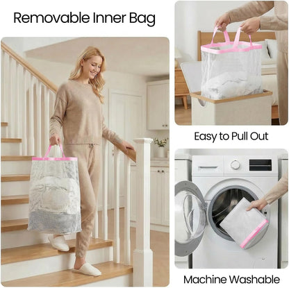 Slim Laundry Basket with Lid, Narrow Laundry Hamper with Removable Bag, Skinny Dirty Clothes Basket with Bamboo Handles for Bathroom, Bedroom & Laundry Room, 90L Beige
