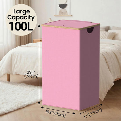 Slim Laundry Basket with Lid, Narrow Laundry Hamper with Removable Bag, Skinny Dirty Clothes Basket with Bamboo Handles for Bathroom, Bedroom & Laundry Room, 90L Beige