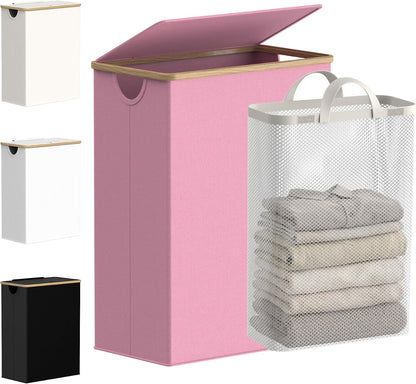 Slim Laundry Basket with Lid, Narrow Laundry Hamper with Removable Bag, Skinny Dirty Clothes Basket with Bamboo Handles for Bathroom, Bedroom & Laundry Room, 90L Beige