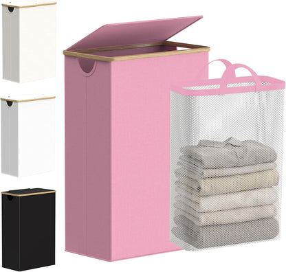 Slim Laundry Basket with Lid, Narrow Laundry Hamper with Removable Bag, Skinny Dirty Clothes Basket with Bamboo Handles for Bathroom, Bedroom & Laundry Room, 90L Beige