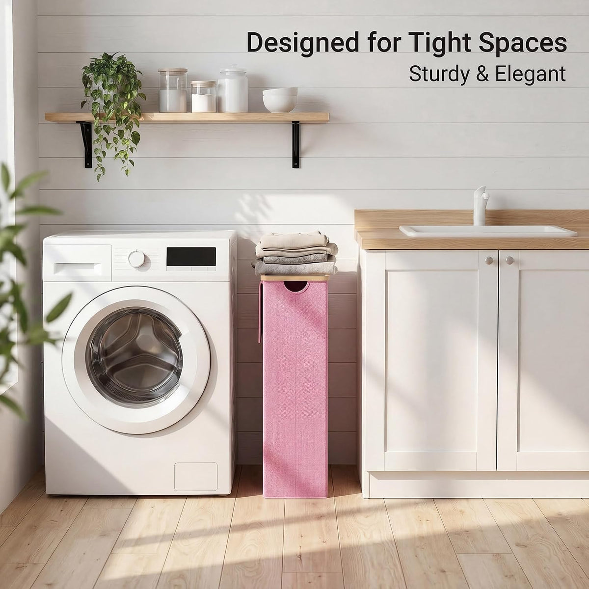 Slim Laundry Basket with Lid, Narrow Laundry Hamper with Removable Bag, Skinny Dirty Clothes Basket with Bamboo Handles for Bathroom, Bedroom & Laundry Room, 90L Beige