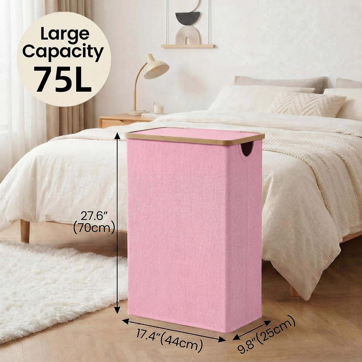 Slim Laundry Basket with Lid, Narrow Laundry Hamper with Removable Bag, Skinny Dirty Clothes Basket with Bamboo Handles for Bathroom, Bedroom & Laundry Room, 90L Beige