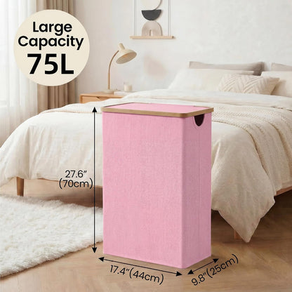 Slim Laundry Basket with Lid, Narrow Laundry Hamper with Removable Bag, Skinny Dirty Clothes Basket with Bamboo Handles for Bathroom, Bedroom & Laundry Room, 90L Beige