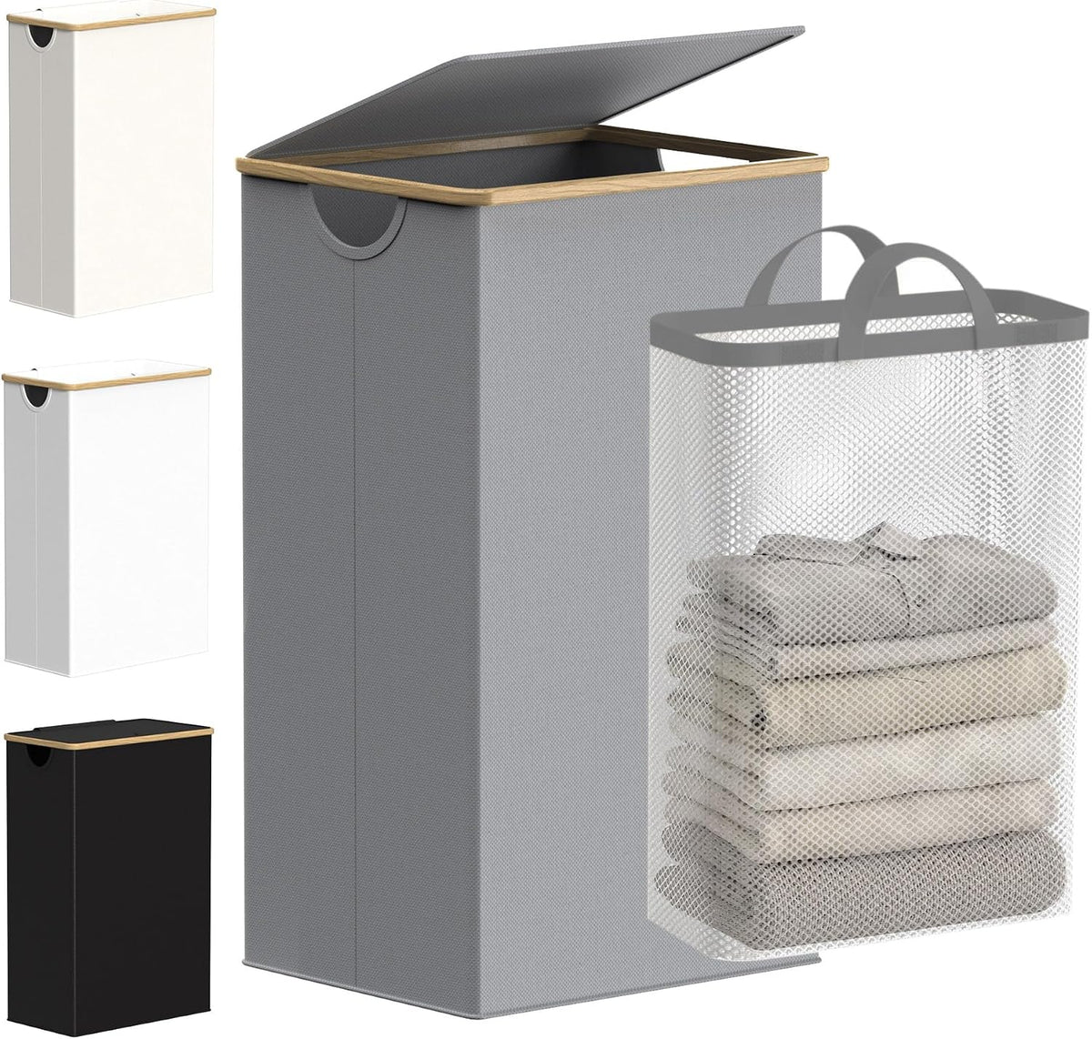 Slim Laundry Basket with Lid, Narrow Laundry Hamper with Removable Bag, Skinny Dirty Clothes Basket with Bamboo Handles for Bathroom, Bedroom & Laundry Room, 90L Beige