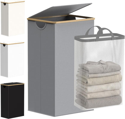Slim Laundry Basket with Lid, Narrow Laundry Hamper with Removable Bag, Skinny Dirty Clothes Basket with Bamboo Handles for Bathroom, Bedroom & Laundry Room, 90L Beige
