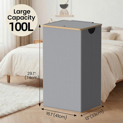 Slim Laundry Basket with Lid, Narrow Laundry Hamper with Removable Bag, Skinny Dirty Clothes Basket with Bamboo Handles for Bathroom, Bedroom & Laundry Room, 90L Beige