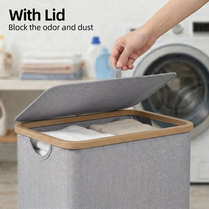 Slim Laundry Basket with Lid, Narrow Laundry Hamper with Removable Bag, Skinny Dirty Clothes Basket with Bamboo Handles for Bathroom, Bedroom & Laundry Room, 90L Beige