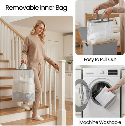 Slim Laundry Basket with Lid, Narrow Laundry Hamper with Removable Bag, Skinny Dirty Clothes Basket with Bamboo Handles for Bathroom, Bedroom & Laundry Room, 90L Beige