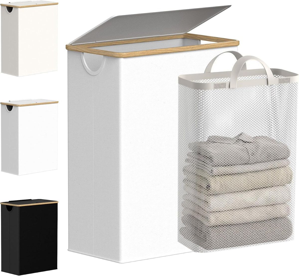 Slim Laundry Basket with Lid, Narrow Laundry Hamper with Removable Bag, Skinny Dirty Clothes Basket with Bamboo Handles for Bathroom, Bedroom & Laundry Room, 90L Beige