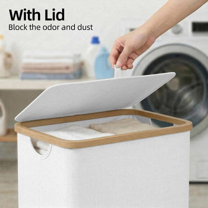 Slim Laundry Basket with Lid, Narrow Laundry Hamper with Removable Bag, Skinny Dirty Clothes Basket with Bamboo Handles for Bathroom, Bedroom & Laundry Room, 90L Beige