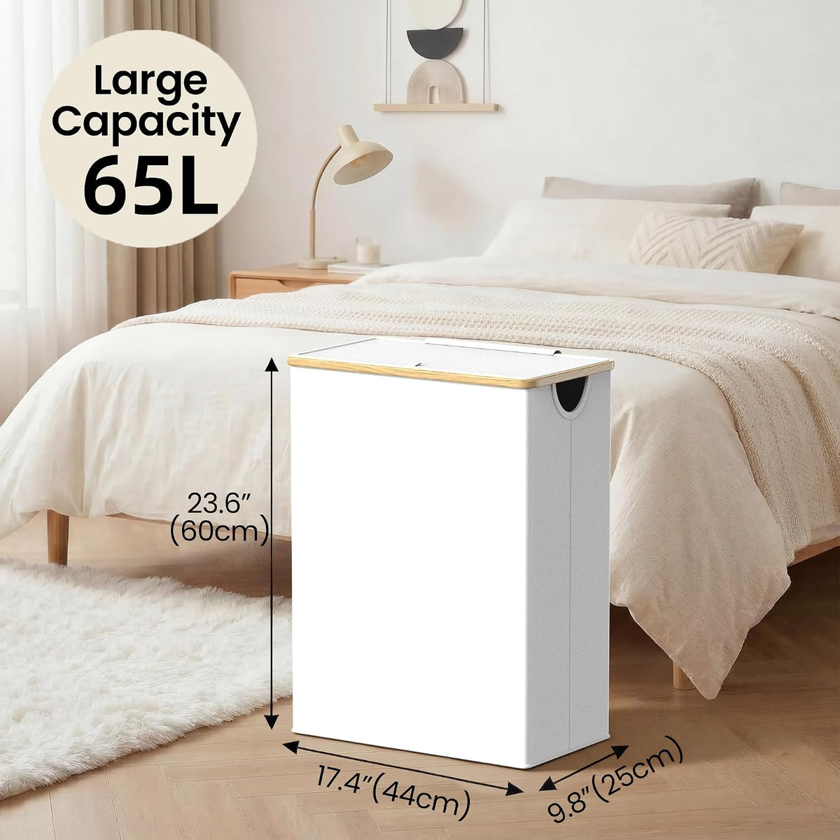 Slim Laundry Basket with Lid, Narrow Laundry Hamper with Removable Bag, Skinny Dirty Clothes Basket with Bamboo Handles for Bathroom, Bedroom & Laundry Room, 90L Beige