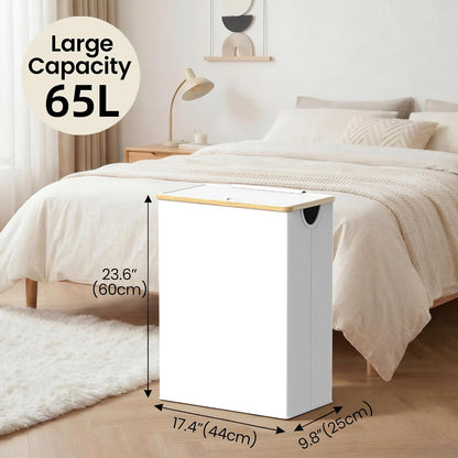 Slim Laundry Basket with Lid, Narrow Laundry Hamper with Removable Bag, Skinny Dirty Clothes Basket with Bamboo Handles for Bathroom, Bedroom & Laundry Room, 90L Beige