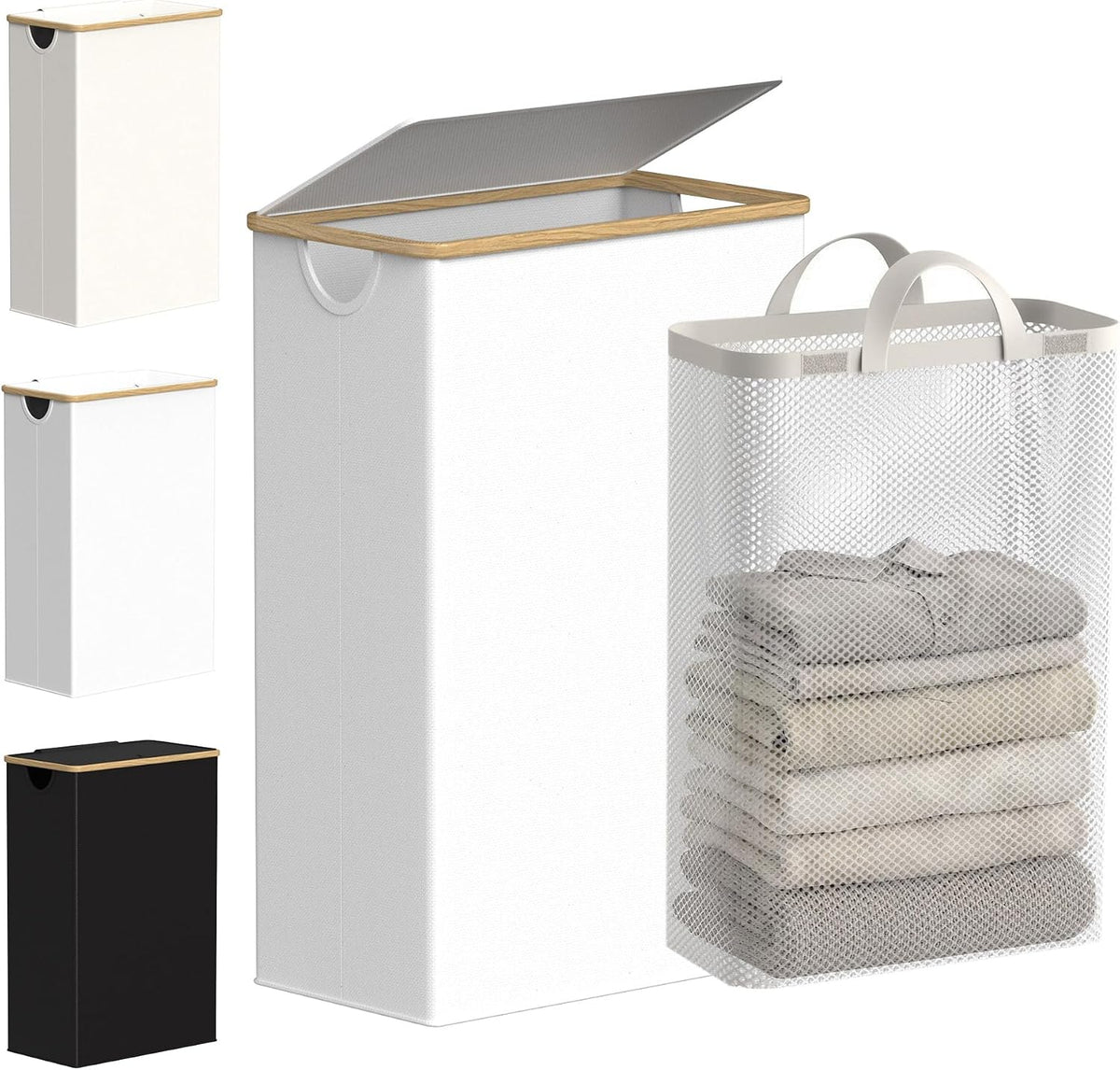 Slim Laundry Basket with Lid, Narrow Laundry Hamper with Removable Bag, Skinny Dirty Clothes Basket with Bamboo Handles for Bathroom, Bedroom & Laundry Room, 90L Beige