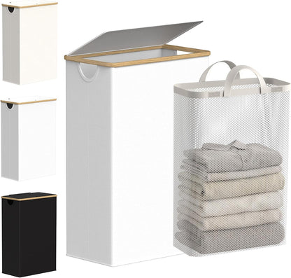 Slim Laundry Basket with Lid, Narrow Laundry Hamper with Removable Bag, Skinny Dirty Clothes Basket with Bamboo Handles for Bathroom, Bedroom & Laundry Room, 90L Beige