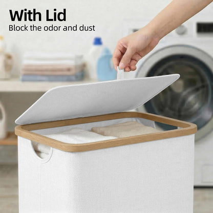Slim Laundry Basket with Lid, Narrow Laundry Hamper with Removable Bag, Skinny Dirty Clothes Basket with Bamboo Handles for Bathroom, Bedroom & Laundry Room, 90L Beige
